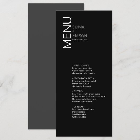 Modern minimalistisch zwart withuwelijk menu (Voorkant / Achterkant)