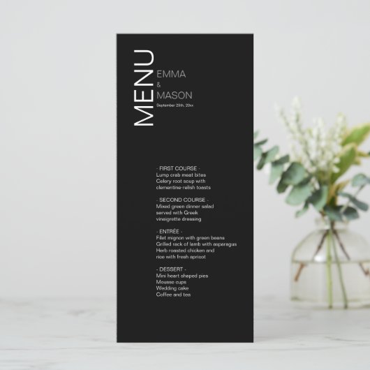 Modern minimalistisch zwart withuwelijk menu (Staand voorkant)