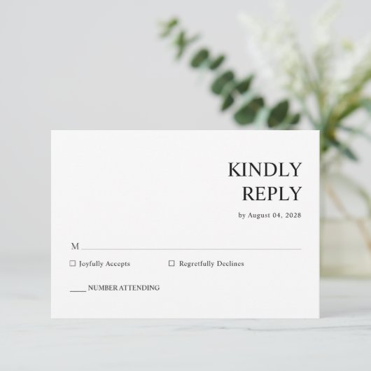 Modern minimalistisch zwart-withuwelijk RSVP kaartje (Staand voorkant)