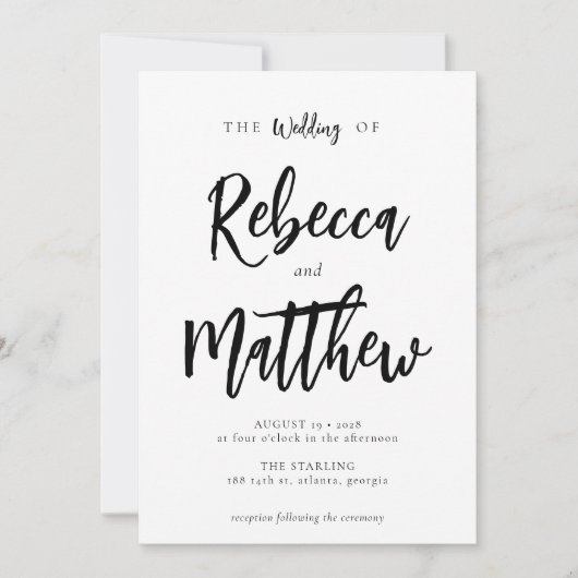 Modern minimalistisch zwart witscript huwelijk kaart (Voorkant)