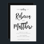 Modern minimalistisch zwart witscript huwelijk kaart<br><div class="desc">Een moderne elegante trouwuitnodiging met manuscriptdoopvont die een handgeschreven gevoel voor de namen van de echtgenoot en elegante serif doopvont voor uw trouwinformatie geeft. Alle tekst en kleuren (achtergrond en tekst) kunnen worden veranderd als u wilt - gebruik het ontwerphulpmiddel om verdere aanpassingen te maken.</div>