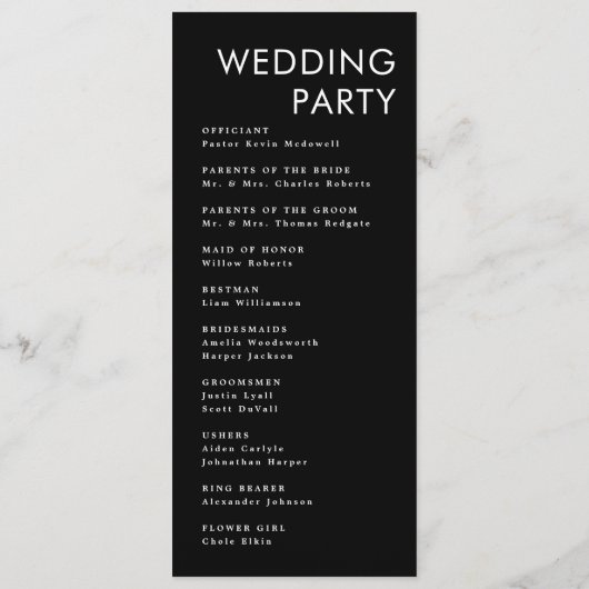Modern minimalistisch | Zwarte-weddenschapsprogram Programmakaart (Achterkant)