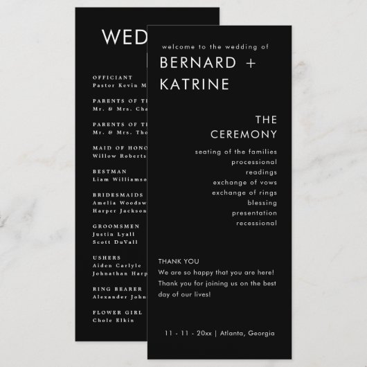 Modern minimalistisch | Zwarte-weddenschapsprogram Programmakaart (Voorkant / Achterkant)