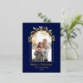 Modern minimalistische Floral Arch Foto Blauw Folie Feestdagen Briefkaart (Staand Voorkant)