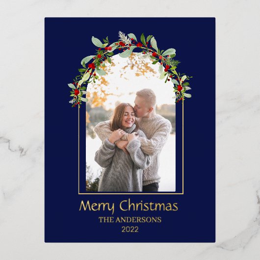 Modern minimalistische Floral Arch Foto Blauw Folie Feestdagen Briefkaart (Voorkant)