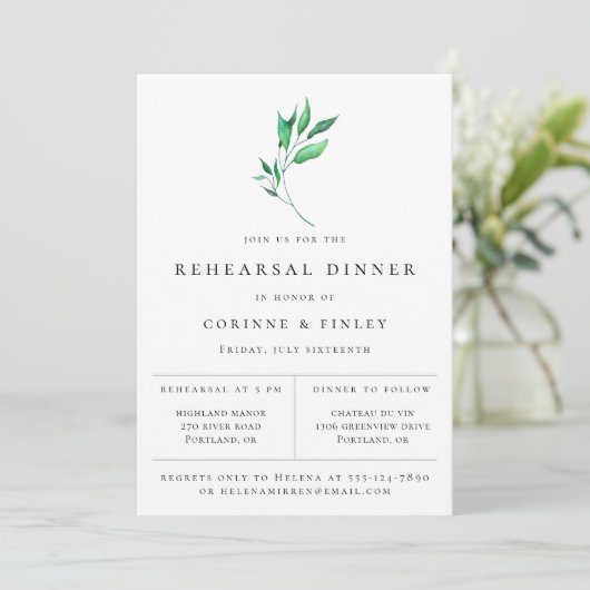 Modern minimalistische Greenery Rehearsal Dinner Aankondiging (Staand voorkant)