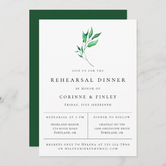Modern minimalistische Greenery Rehearsal Dinner Aankondiging (Voorkant / Achterkant)