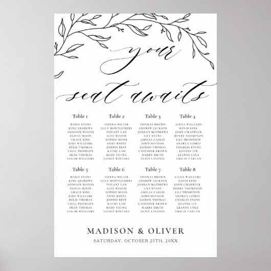 Modern minimalistische Laurel Wedding Seating Char Poster (Voorkant)