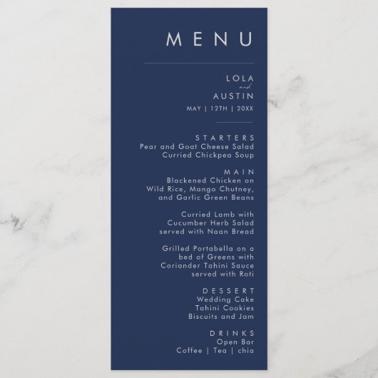 Modern minimalistische marineblauw, zilver-bruilof menu (Voorkant)