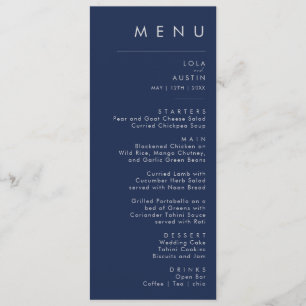 Modern minimalistische marineblauw, zilver-bruilof menu