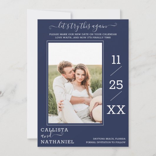 Modern minimalistische marinemonogram blauw save the date (Voorkant)