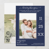 Modern minimalistische marinemonogram blauw save the date (Voorkant / Achterkant)