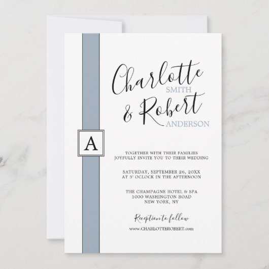 Modern minimalistische mosterdblauw monogram bruil kaart (Voorkant)