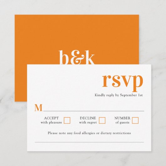 Modern minimalistische Oranje Trendy Wedding RSVP- RSVP Kaartje (Voorkant / Achterkant)