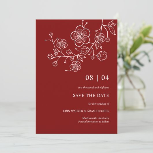 Modern minimalistische Red Cherry Blossom Save The Date (Staand voorkant)