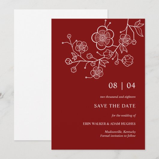 Modern minimalistische Red Cherry Blossom Save The Date (Voorkant / Achterkant)