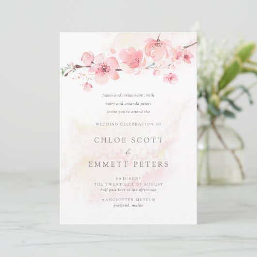 Modern minimalistische roze kerry Blossom Wedding Kaart (Staand voorkant)