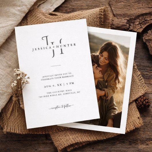 Modern Minimalistische Rustieke Monogram Foto Brui Kaart