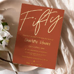 Modern minimalistische terracotta foto verrassing  folie uitnodiging<br><div class="desc">Een trendy,  modern en minimalistisch terracotta en een echte gouden folie 50 jaar met een elegant script,  die 50 keer draait!! Het vieren van vijftig,  een mijlpaal! Geweldig verrassingsfeestje! Neem contact met me op om het woord vijftig te wijzigen. U kunt alle kleuren gemakkelijk veranderen!</div>
