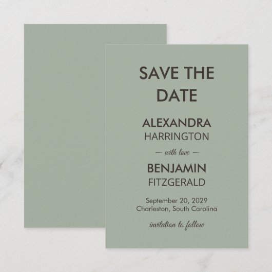 Modern Minimalistische Trouw | Salie Groen Tijdloo Save The Date (Voorkant / Achterkant)