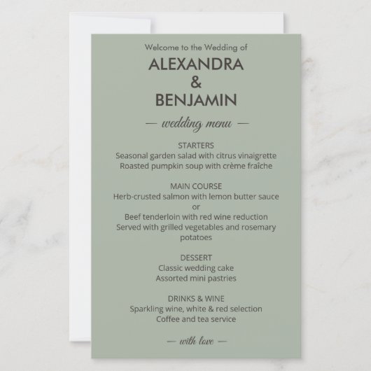 Modern Minimalistische Trouw | Saliegroen menu (Voorkant)