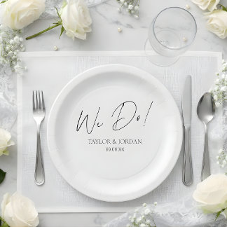 Modern Minimalistische We Do! Script Bruiloft Dine Papieren Bordje