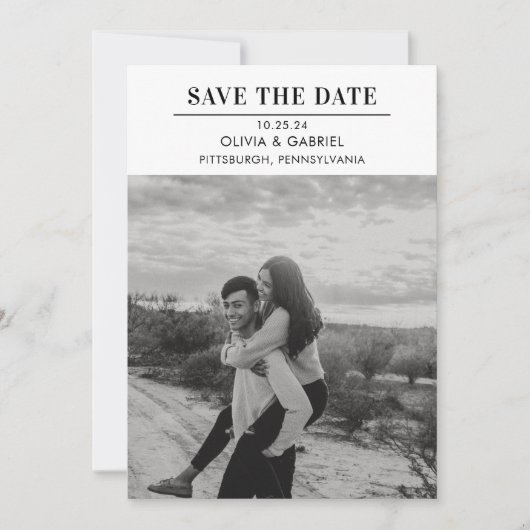Modern Minimalistische Zwarte Witte Foto Save the Save The Date (Voorkant)