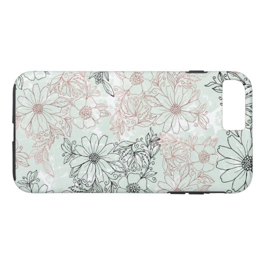 Modern Mint Black Roos Gold Floral Marble Case-Mate iPhone Case (Achterkant (Horizontaal))