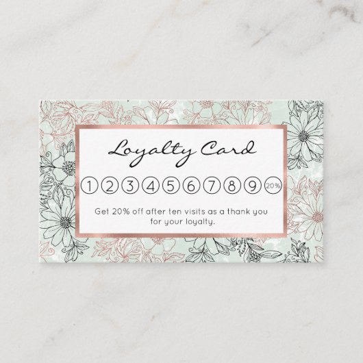 Modern Mint Black Roos Gold Floral Marble Klantenkaartje (Voorkant)