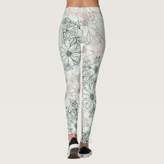 Modern Mint Black Roos Gold Floral Marble Leggings (Achterkant)