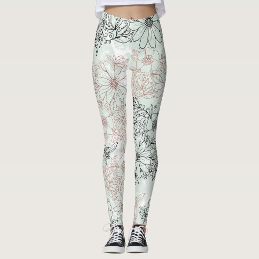 Modern Mint Black Roos Gold Floral Marble Leggings (Voorkant)