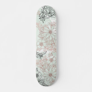 Modern Mint Black Roos Gold Floral Marble Persoonlijk Skateboard