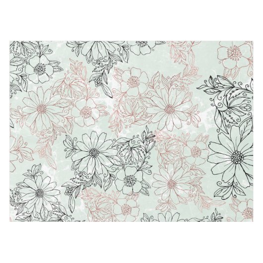 Modern Mint Black Roos Gold Floral Marble Tafelkleed (Voorkant (Horizontaal))