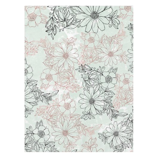 Modern Mint Black Roos Gold Floral Marble Tafelkleed (Voorkant)