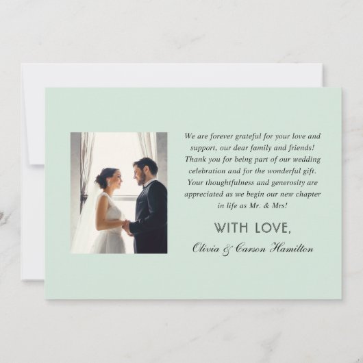 Modern Mint Black Script WeduwMonogram Foto Bedankkaart (Achterkant)