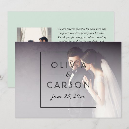 Modern Mint Black Script WeduwMonogram Foto Bedankkaart (Voorkant / Achterkant)