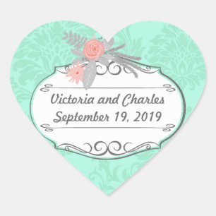 Modern Mint Damask Wedding Invite Hart Sticker
