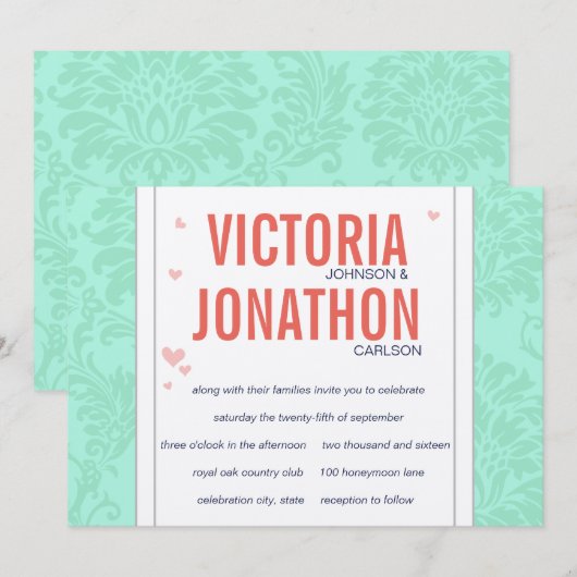 Modern Mint Damask Wedding Invite Kaart (Voorkant / Achterkant)