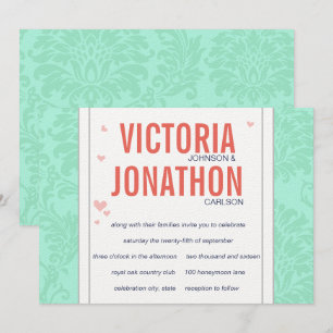 Modern Mint Damask Wedding Invite Kaart