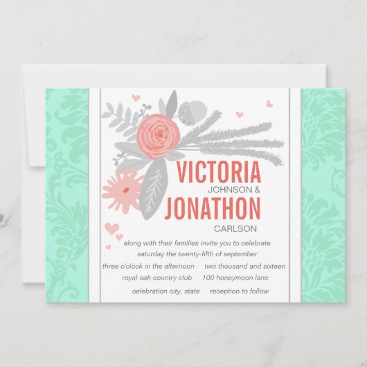Modern Mint Damask Wedding Invite Kaart (Voorkant)