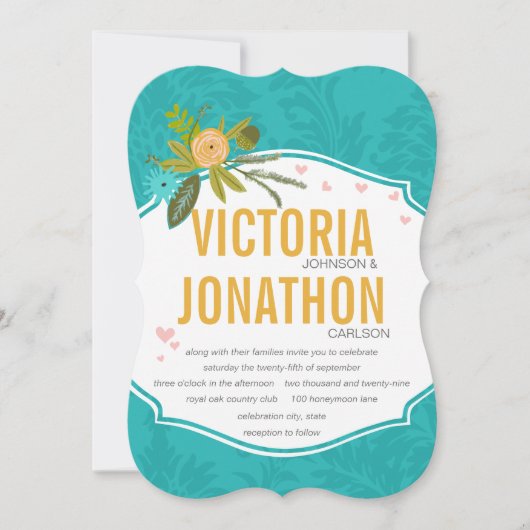 Modern Mint Damask Wedding Invite Kaart (Voorkant)