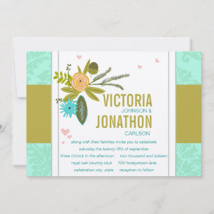 Modern Mint Damask Wedding Invite Kaart