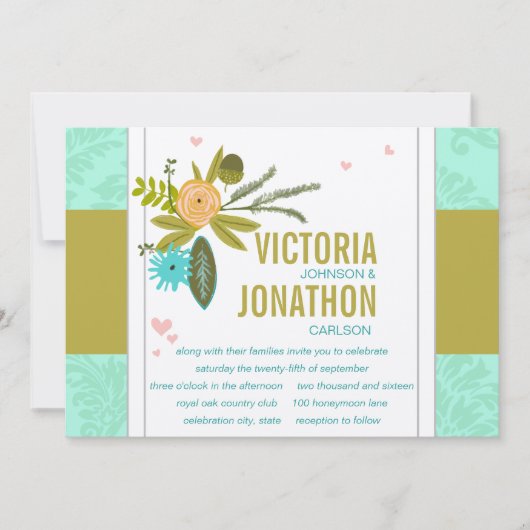 Modern Mint Damask Wedding Invite Kaart (Voorkant)