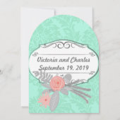 Modern Mint Damask Wedding Invite Kaart (Achterkant)