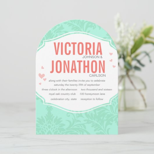 Modern Mint Damask Wedding Invite Kaart (Staand voorkant)