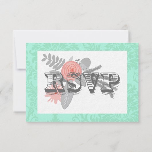 Modern Mint Damask Wedding Invite Kaart (Achterkant)