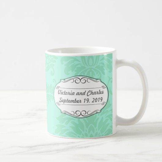 Modern Mint Damask Wedding Invite Koffiemok (Rechts)
