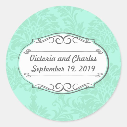 Modern Mint Damask Wedding Invite Ronde Sticker (Voorkant)