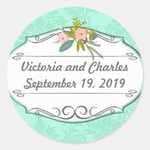 Modern Mint Damask Wedding Invite Ronde Sticker
