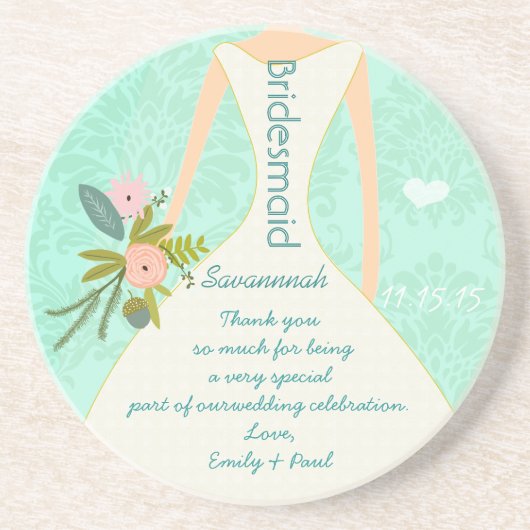 Modern Mint Damask Wedding Invite Zandsteen Onderzetter (Voorkant)